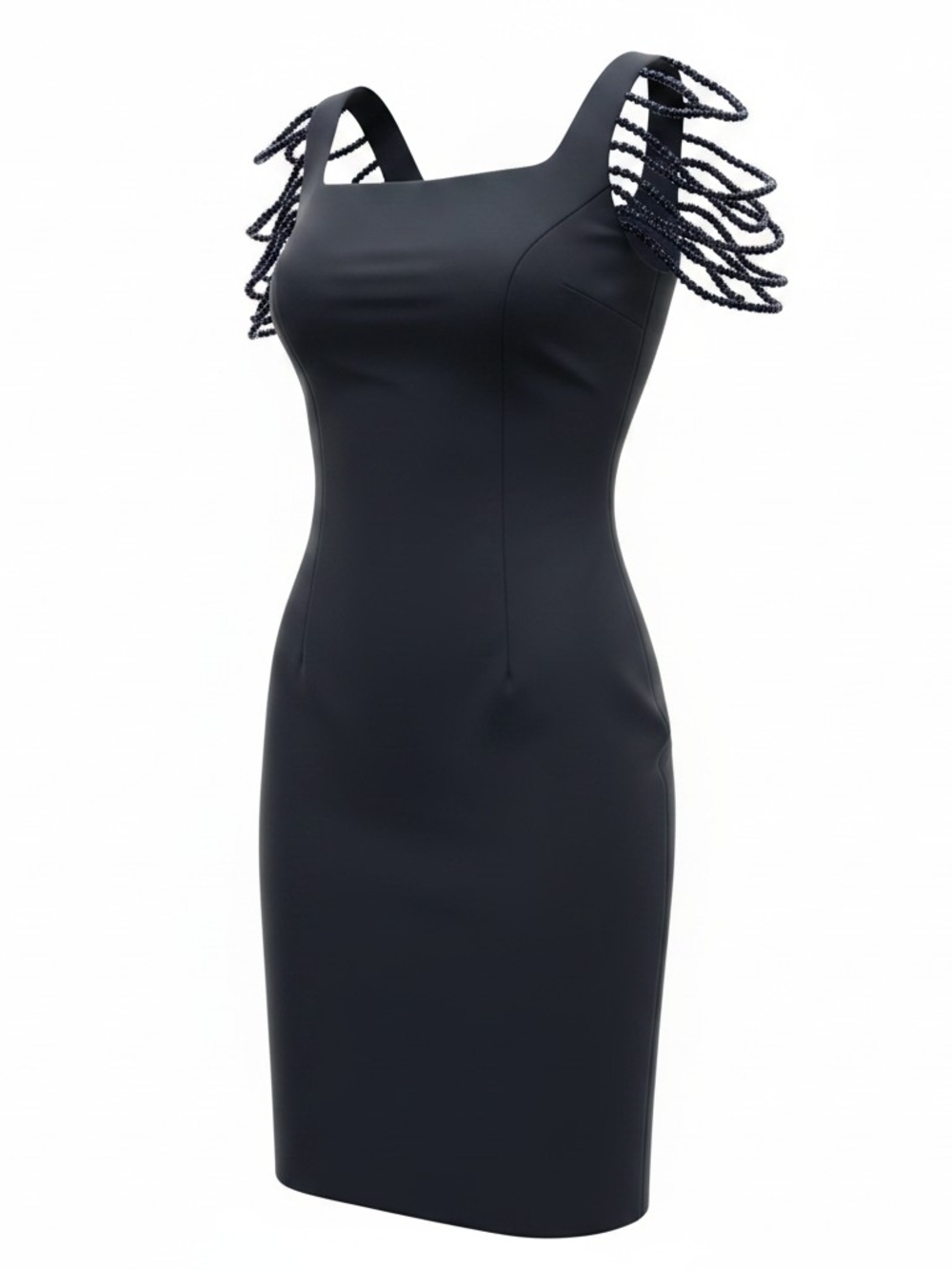ASHWI PARIS | Black Beaded Fringe Cap Sleeve Sheath Dress LBD Evening Party | L